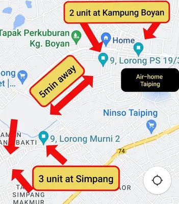 a map of kampungbuoyatown with a map of kampung at Air-home No135 Kampung Boyan, 3BR, 6pax Netflix in Taiping