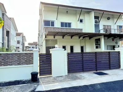 a white house with a gate and a fence at Titihouse Semi-D for 14 pax near Iconvcity Auto city Bukit Mertajam Juru in Bukit Mertajam