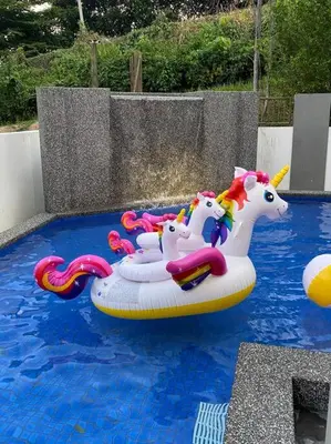 a unicorn inflatable raft in a swimming pool at 25PAX 5BR Villa Kids Swimming pool, KTV, BBQ near SPICE Arena Penang 9800 SQFT in Bayan Lepas