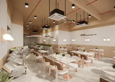 a restaurant with white tables and chairs and lights at Deluxe Seaview Suite Twin Bed by The Only Bnb in Tanjong Tokong