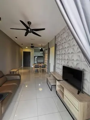 a living room with a ceiling fan and a television at The Majestic Ipoh Town by 178homestay in Ipoh