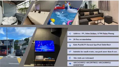 a collage of pictures of a living room with a tv at NEW 20PX 5BR V KTV & JACUZZI SPA & POOL TABLE at TOWN CENTER & USM - kids pool no more in Gelugor