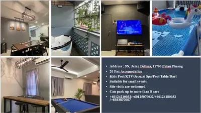 a collage of photos with a pool and a flyer at 15Px 5BR V Jaccuzi Spa n KTV n Pool Table At Georgetown, USM n Lam Wah Ee Hospital -Kids pool no more in Gelugor