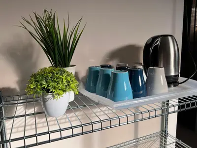 a shelf with blue vases and plants on it at Room3#IG theme Bargainous#Shared Bathroom#2pax#2min Kek Lok Si in Ayer Itam