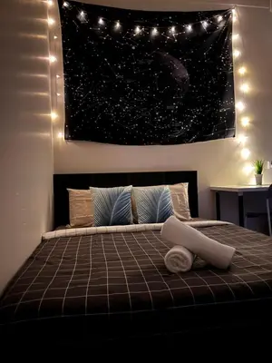 a bedroom with a bed with a starry ceiling at Room3#IG theme Bargainous#Shared Bathroom#2pax#2min Kek Lok Si in Ayer Itam