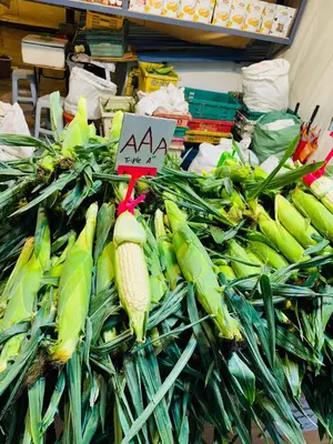 a pile of corn on the cob with a sign on it at Emerald Avenue Apartment Madam Ng. in Cameron Highlands