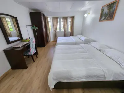 a bedroom with two beds and a desk and a mirror at Little England B3 in Bukit Fraser