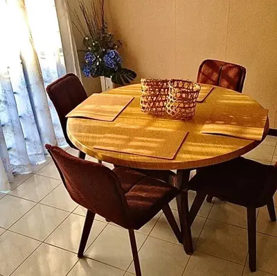 a wooden table with two cups on top of it at SUPER COMFY HOME @ KULIM CITY in Kulim