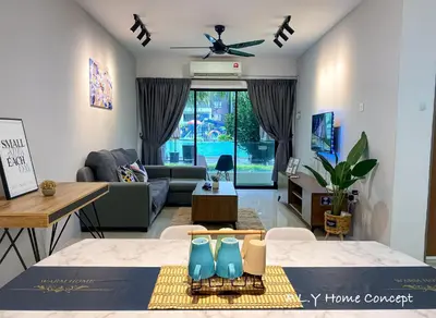 a living room with a bed and a couch at Manhattan Condo Ipoh Waterpark PoolView FREE Carpark & Netflix by PLY Home in Ipoh