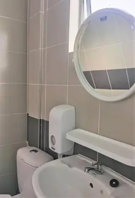 a bathroom with a toilet and a sink and a mirror at Emerald Avenue Cozy 3R3B Apartment - 329 in Brinchang