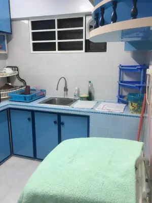 a kitchen with blue cabinets and a sink at Family House in Jelutong