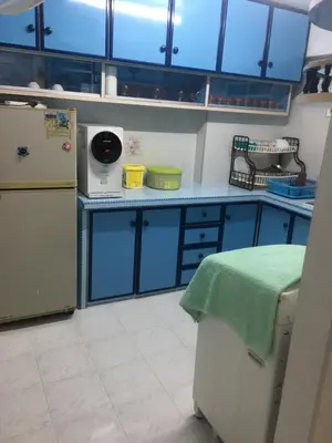 a kitchen with blue cabinets and a refrigerator at Family House in Jelutong